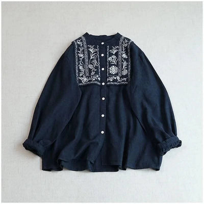 Cotton Linen Floral Embroidery Blouses Shirts For Women Tops Loose Oversize Lantern Long Sleeve Casual Boho Beach Summer Blusas