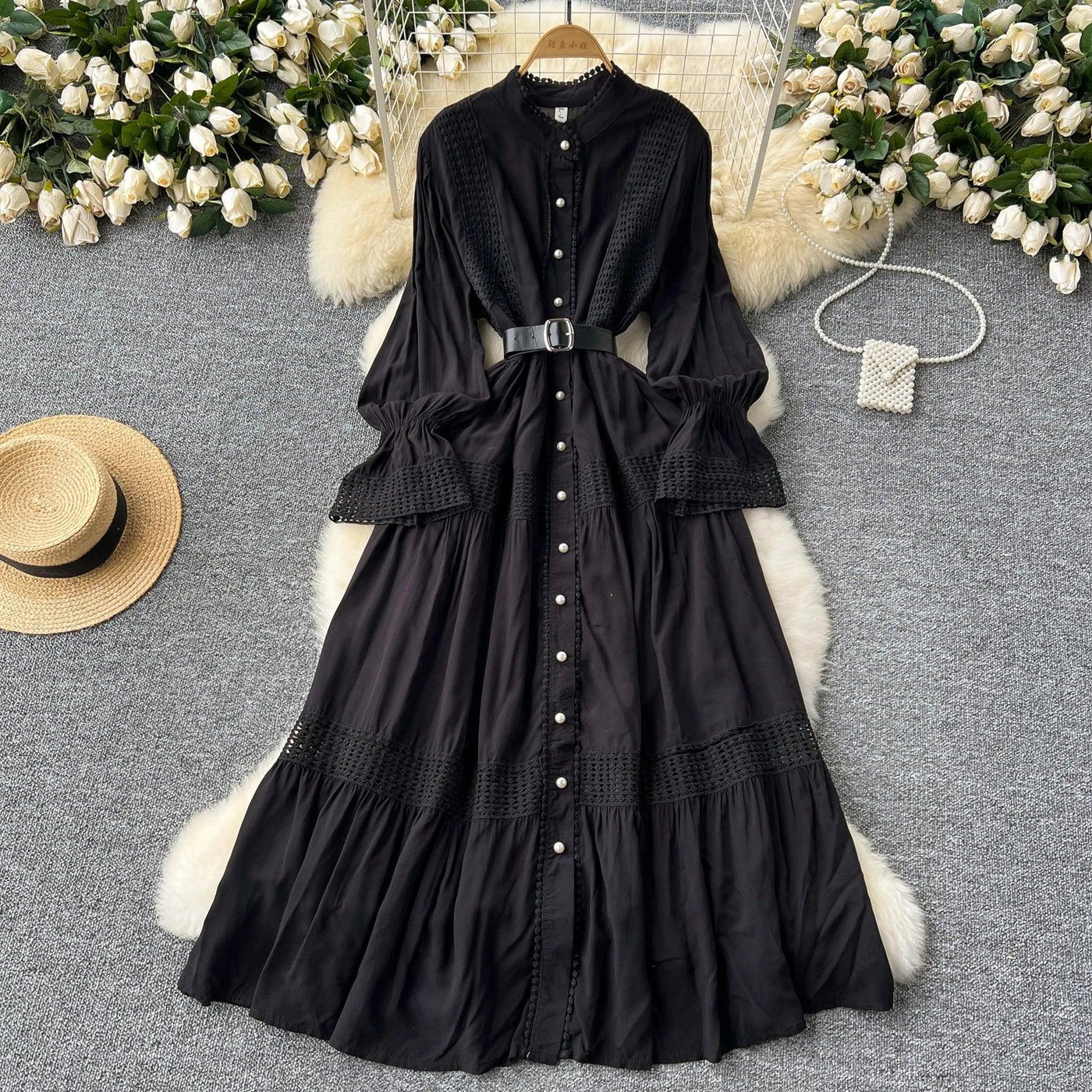 Retro Elegant Summer Stand Collar Flare Sleeve Single Breasted Lace Spliced Dress A-line French Evening Party Women Dresses