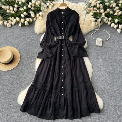 Retro Elegant Summer Stand Collar Flare Sleeve Single Breasted Lace Spliced Dress A-line French Evening Party Women Dresses