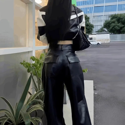 Fashionable Wide Leg Pants for Spring and Autumn Women's New High Waisted Straight Leg Loose Floor Length Casual Leather Pants