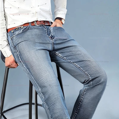 Men’s Denim Pants Spring Casual Business Straight Fit Loose Elastic Waist  Stylish Comfortable Pants for Work and Casual Wear