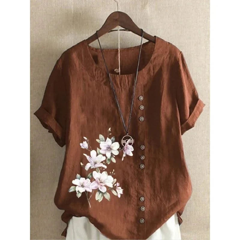 Elegant Comfortable Cotton Linen T-Shirt Women New Single-breasted Splicing Decoration Tops Female Casual Flower Print Tees 2024
