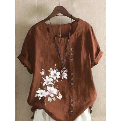 Elegant Comfortable Cotton Linen T-Shirt Women New Single-breasted Splicing Decoration Tops Female Casual Flower Print Tees 2024