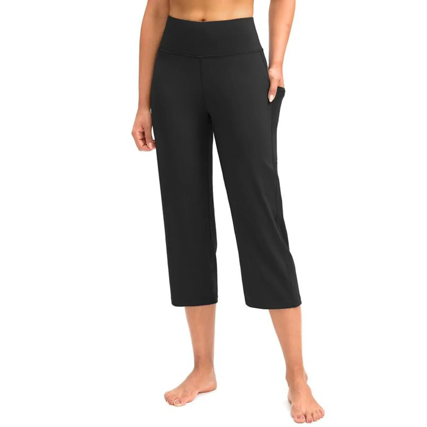 Women  Elastic High Waist 3/4 Pant Casual Active  Fit Wide Capris Leg Pants Trousers With Pockets Pants Woman брюки женские