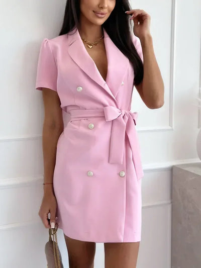 Dresses for Women Spring Summer Fashion Pink Short Sleeve Slim V Neck Double Breasted Lace Up Dress Elegant Office Lady Dress