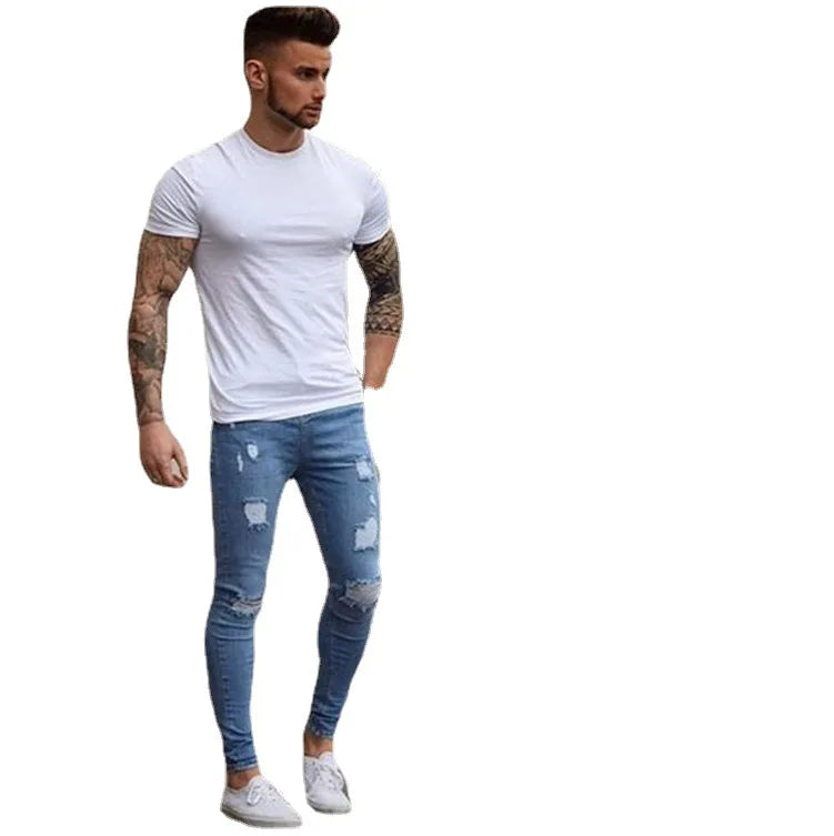 Men Jeans Denim Pencil Pants Distressed Mid Waist Sheath Ankle Length Zipper Fly Pockets Slim Washing High Street 2024