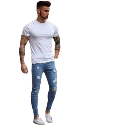 Men Jeans Denim Pencil Pants Distressed Mid Waist Sheath Ankle Length Zipper Fly Pockets Slim Washing High Street 2024