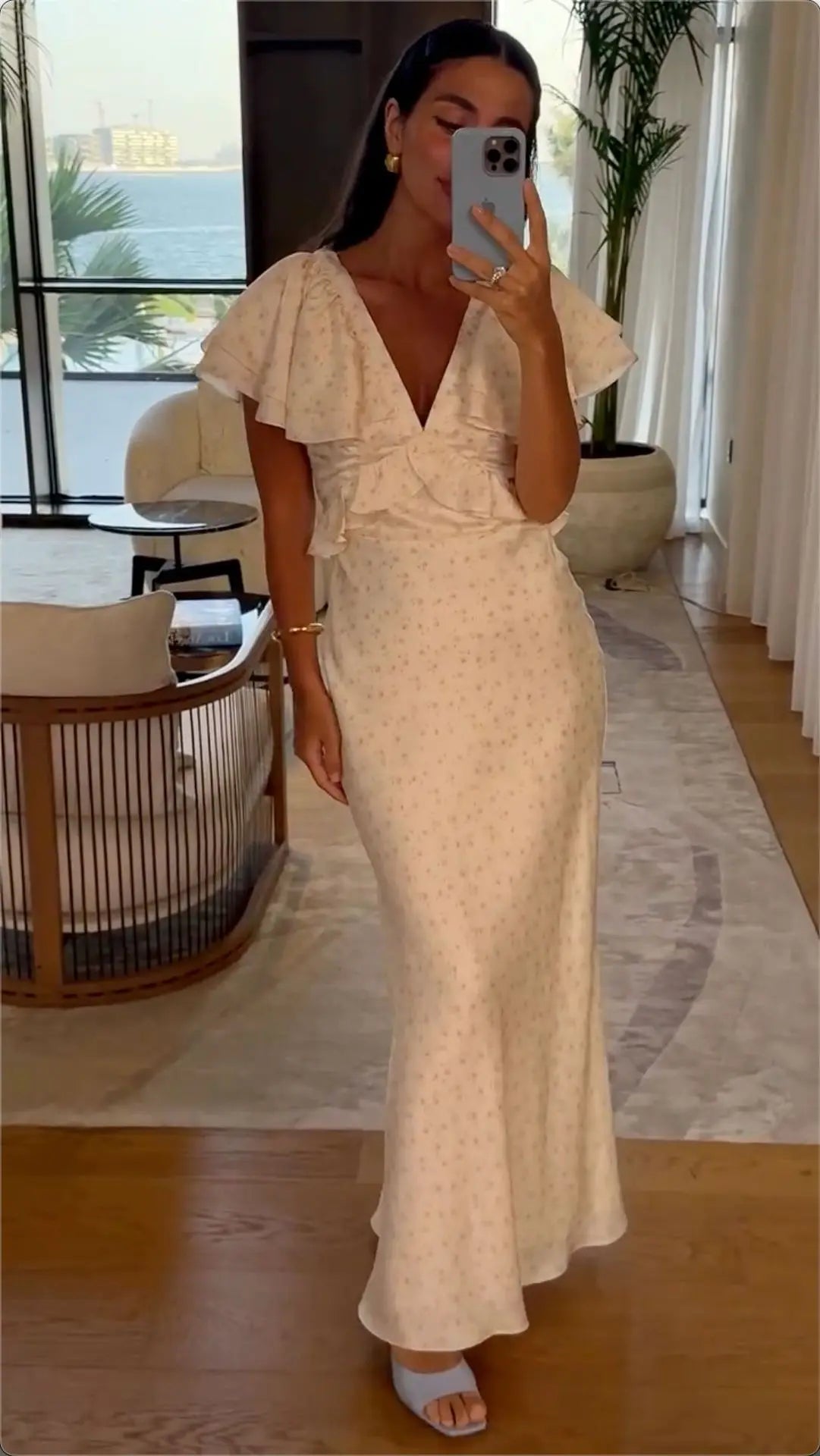 Womens Dresses 2025 Summer New Woman Clothing V Collar Ruffles Sleeve High Waist Long One-piece Dress Gown