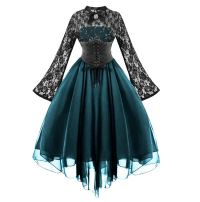 Renaissance Court Gown Victorian Medieval Costume Women Halloween Cosplay Full Sleeve Lace Dress Birthday Party Princess Suit