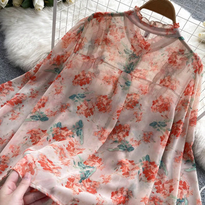 Women Ruffles Lace Floral Print Retro Elegant Button Shirts Summer Fashion Sweet Chic Stand Collar Long Sleeve Blouse Loose Tops