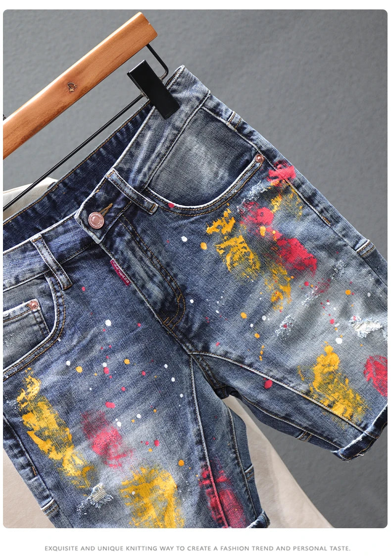 Men Fashion Denim Shorts Jeans New Summer Male Blue Ripped Jeans Shorts High Quality Man Paint Splash Technology Denim Shorts
