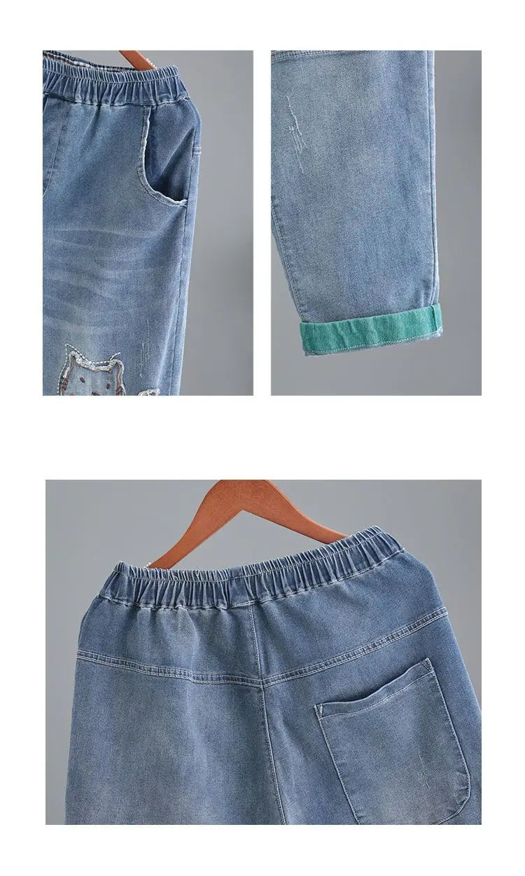 High waisted Jeans for women 2025 Spring Autumn New Korean version Loose Embroidered patch fabric Nine point Harem Pants Female