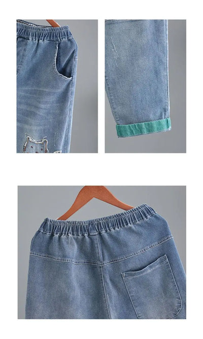 High waisted Jeans for women 2025 Spring Autumn New Korean version Loose Embroidered patch fabric Nine point Harem Pants Female