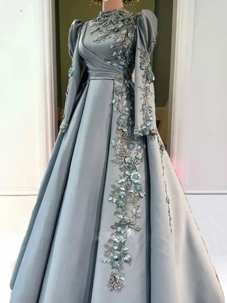 Exquisite 3D Flowers Muslim Women Evening Dresses Pearls Appliques Dubai Caftan Formal Gown for Engagement Ruched lslam Vestido