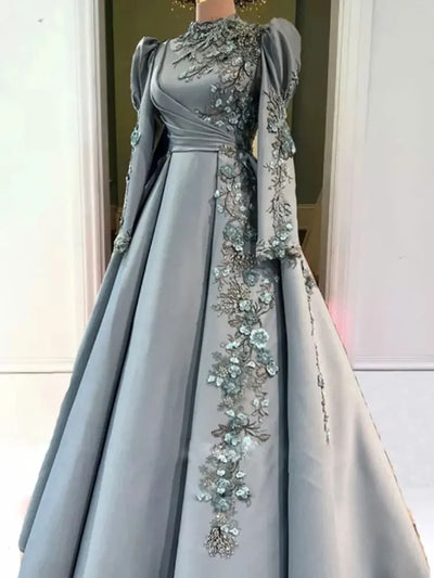 Exquisite 3D Flowers Muslim Women Evening Dresses Pearls Appliques Dubai Caftan Formal Gown for Engagement Ruched lslam Vestido