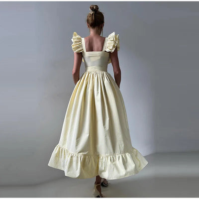 Ruffle Dress Women Fashion Backless A Line Slim Waist Striped Robe Female Flying Sleeves Buttons 2025 Summer Elegant Streetwear