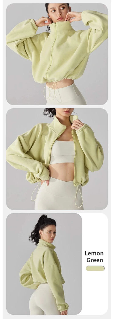 Women's Fleece Short Jacket Full Zip Stand Collar Warm Winter Sherpa Crop Coats with Drawstring Hem Gym Fitness Sports Clothing