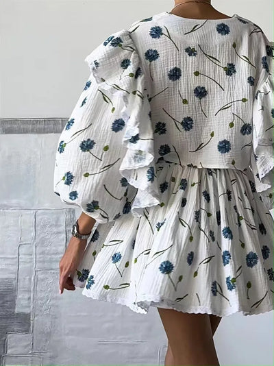Women Cotton Linen Print Loose Suit Women Lantern Sleeve Ruffles V-neck Patchwork Single-Breasted Top High Waist Mini Skirt Suit