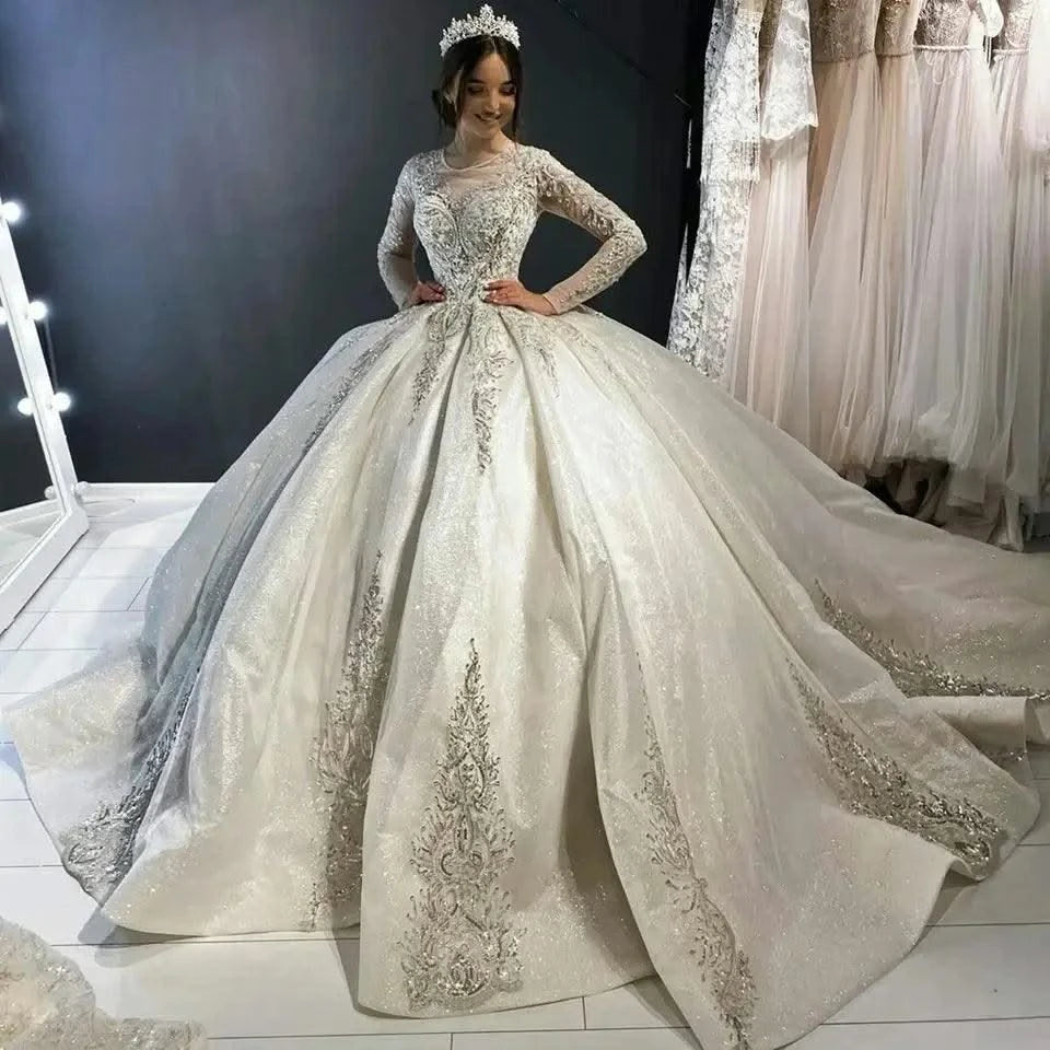 Princess Ball Gown Wedding Dresses Lace O-Neck Bridal Gown