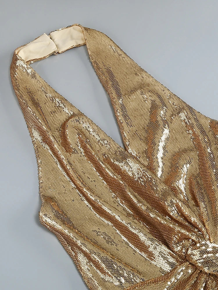 Women's Sleeveless Gold Sequin Jumpsuit Sexy V Neck Sparkle Sequined High Waist Wide Leg Pants Jumpsuit Celebrity Evening Party