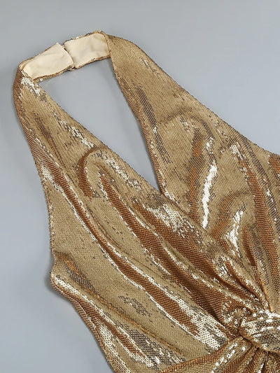 Women's Sleeveless Gold Sequin Jumpsuit Sexy V Neck Sparkle Sequined High Waist Wide Leg Pants Jumpsuit Celebrity Evening Party