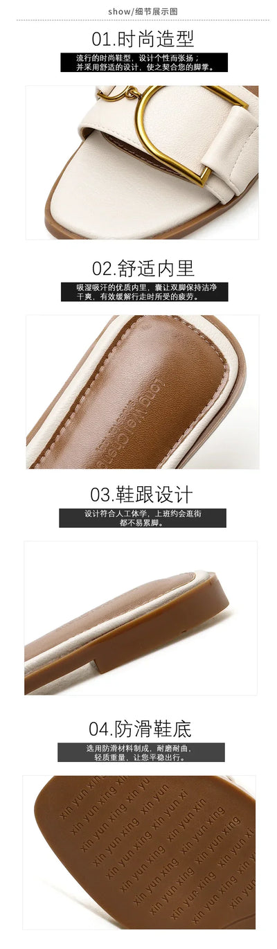 Summer Women Slippers Leather Square Toe Women Flats Flip Flops Designer Ladies Slides Sandals Women Shoes Luxury Sandals