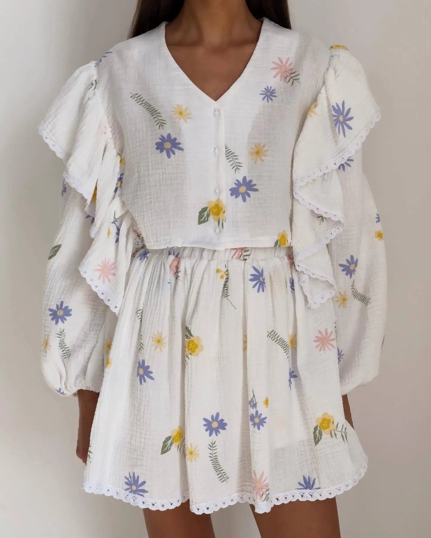 Women Cotton Linen Print Loose Suit Women Lantern Sleeve Ruffles V-neck Patchwork Single-Breasted Top High Waist Mini Skirt Suit