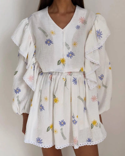 Women Cotton Linen Print Loose Suit Women Lantern Sleeve Ruffles V-neck Patchwork Single-Breasted Top High Waist Mini Skirt Suit