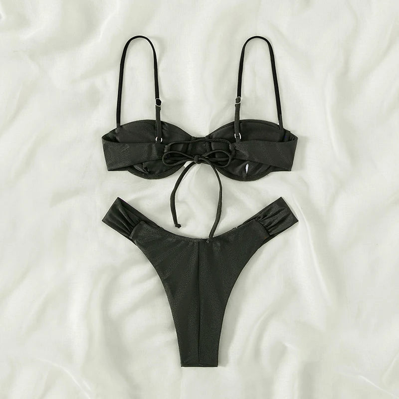 2023 New Swimwear Women Bikini Sets New Sexy Bikini Set Solid Color Sling Pleated Split Swimsuit Women 2 Pieces Micro Bikini Swi