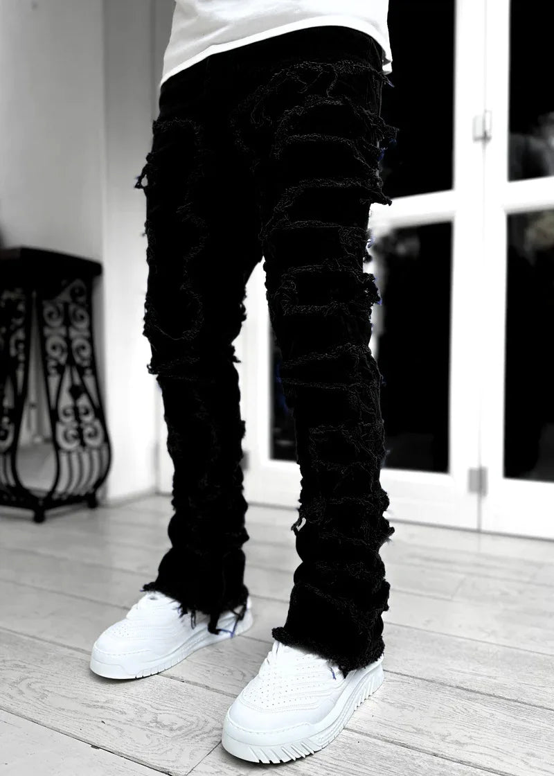 New Fashion Stretch Jeans Man Stacked Jeans Elastic Waist Straight Fit Patchworks Denim Long Pants Fringe Ripped Jeans For Men