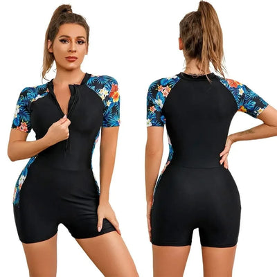 Womens Short Sleeve Swimsuit Rash Guards Wetsuit Floral Print Zipper Surfing Diving Swimming Jumpsuit Swimwear Bathing Suit