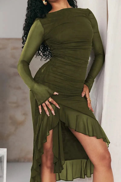 Ruffle Ruched Midi Dress For Women