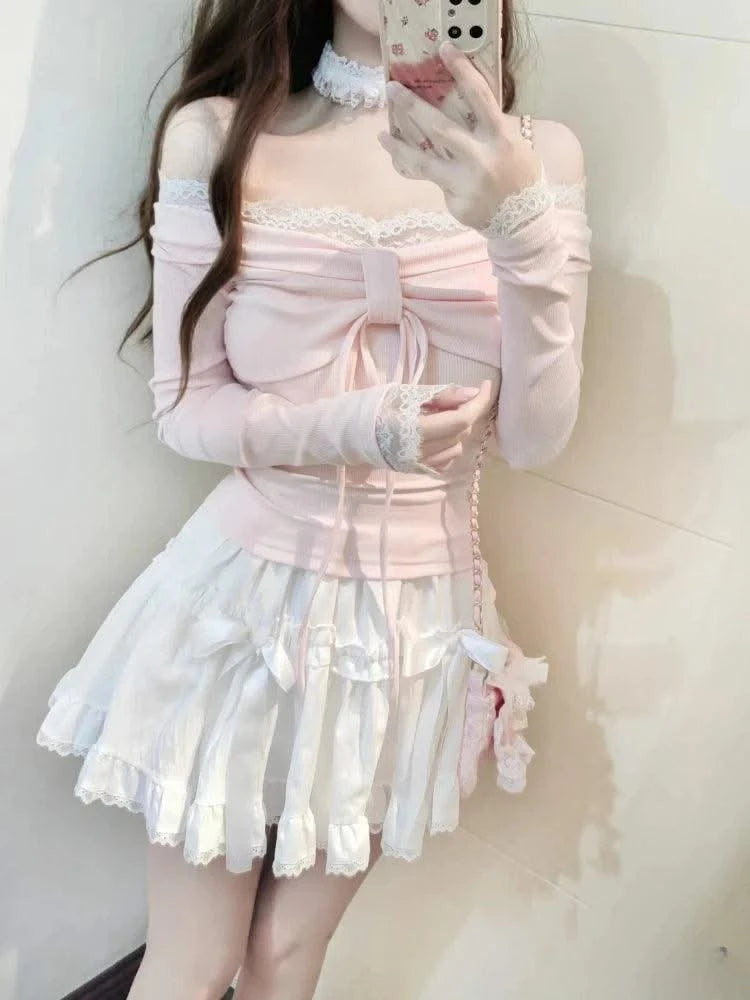Design Sweet Off Shoulder Pink T-Shirts Women