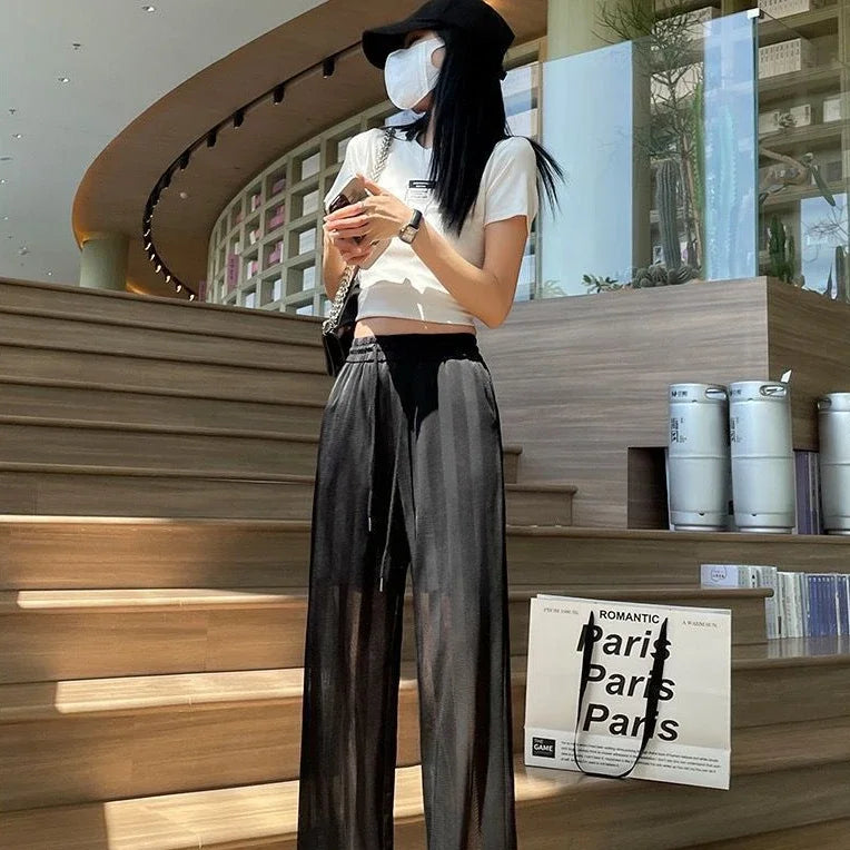 Wide Leg Elastic Waist Trousers for Woman Straight Women's Pants Black Stripe White Clothing High Quality Classic Y2k Streetwear