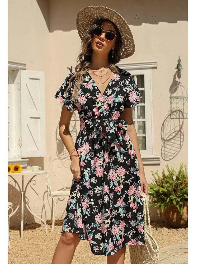 Floral Print Midi Dress Women Robe Elegant Chic