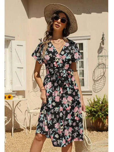 Floral Print Midi Dress Women Robe Elegant Chic