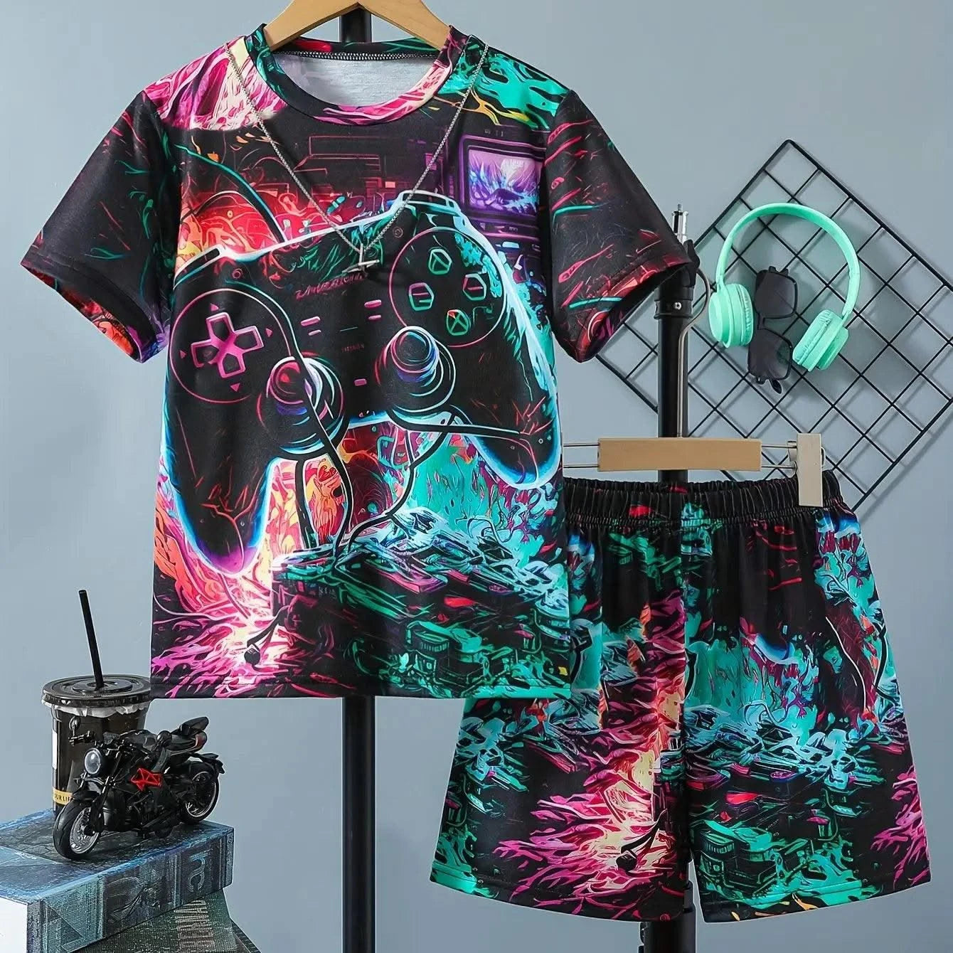 Children's Clothing Suit For Boy Short Sleeve Boy Child Shorts 3D Game Handle Fashion Children Summer Clothes Children's Sets