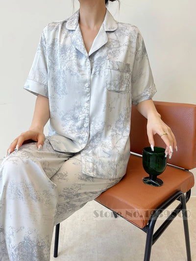 Fashion Elegant Female Pajamas Lounge Wear Set Sexy Print Flower Sleepwear Trouser Suits Spring Summer Loose Satin Home Wear