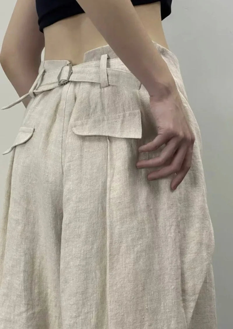 Streetwear Wide Leg Pants Women Fashion Pleated Linen Baggy Pants Summer Korean High Waist Casual Design Straight Trousers New