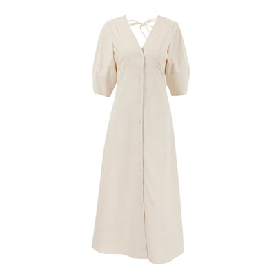 Retro Cotton Linen Women'S Summer Dress Sexy V-Neck Puff Sleeve Long Maxi Birthday Graduation Dresses Beach Sundress Robe Femmes