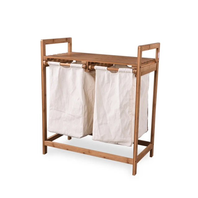 Double Laundry Hamper with Shelf Wooden Storage Bin with Removable Bags 2 Sections Organize Sorter Bamboo Basket with Handles