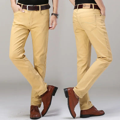 Men's Jeans Pure White Fashion Elastic Slim Youth Slimming Straight Leg Male Pants Business Casual Middle Age High End Trousers