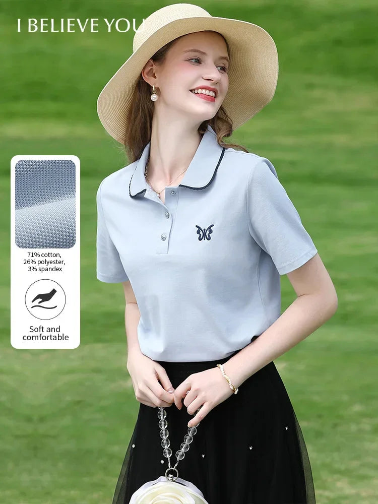 I BELIEVE YOU Blue Polo Collar T-shirt Top for Women Summer 2025 Butterfly Embroidered Breathable Short Sleeve Tees 2252015969