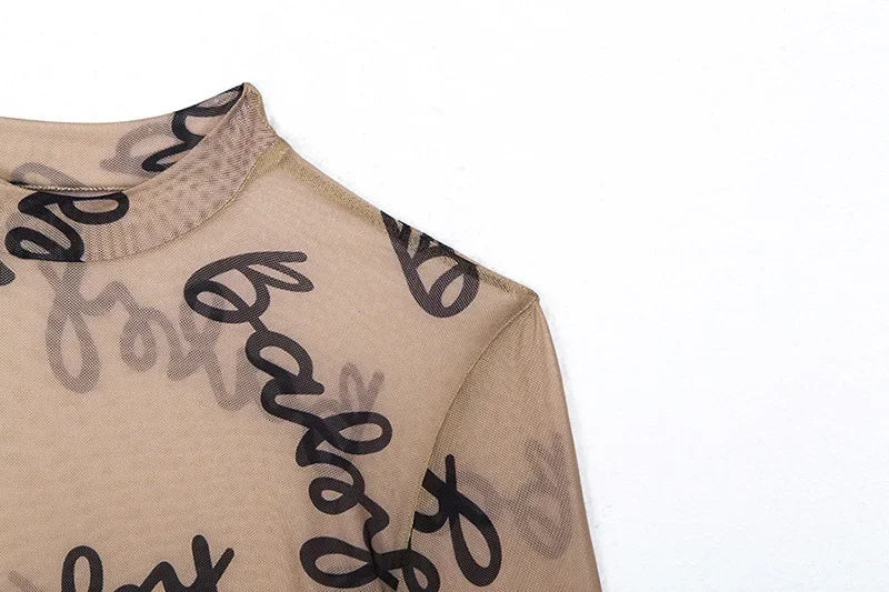 Summer Sexy Letter Print Transparent Mesh Bodysuits Long Sleeve See Through Baby Bodycon Rompers Women Jumpsuits