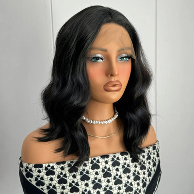 Short Wavy Black Curly Bob Wigs for Women Synthetic Free Part Shoulder Length Short Body Wave Glueless 13X4 Lace Front wigs
