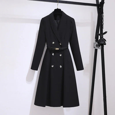 Women's Dress Double Breasted Elegant Dresses for Women 2025 Autumn Off white Dress Belt Knee-Length Solid Fashion Woman Clothes