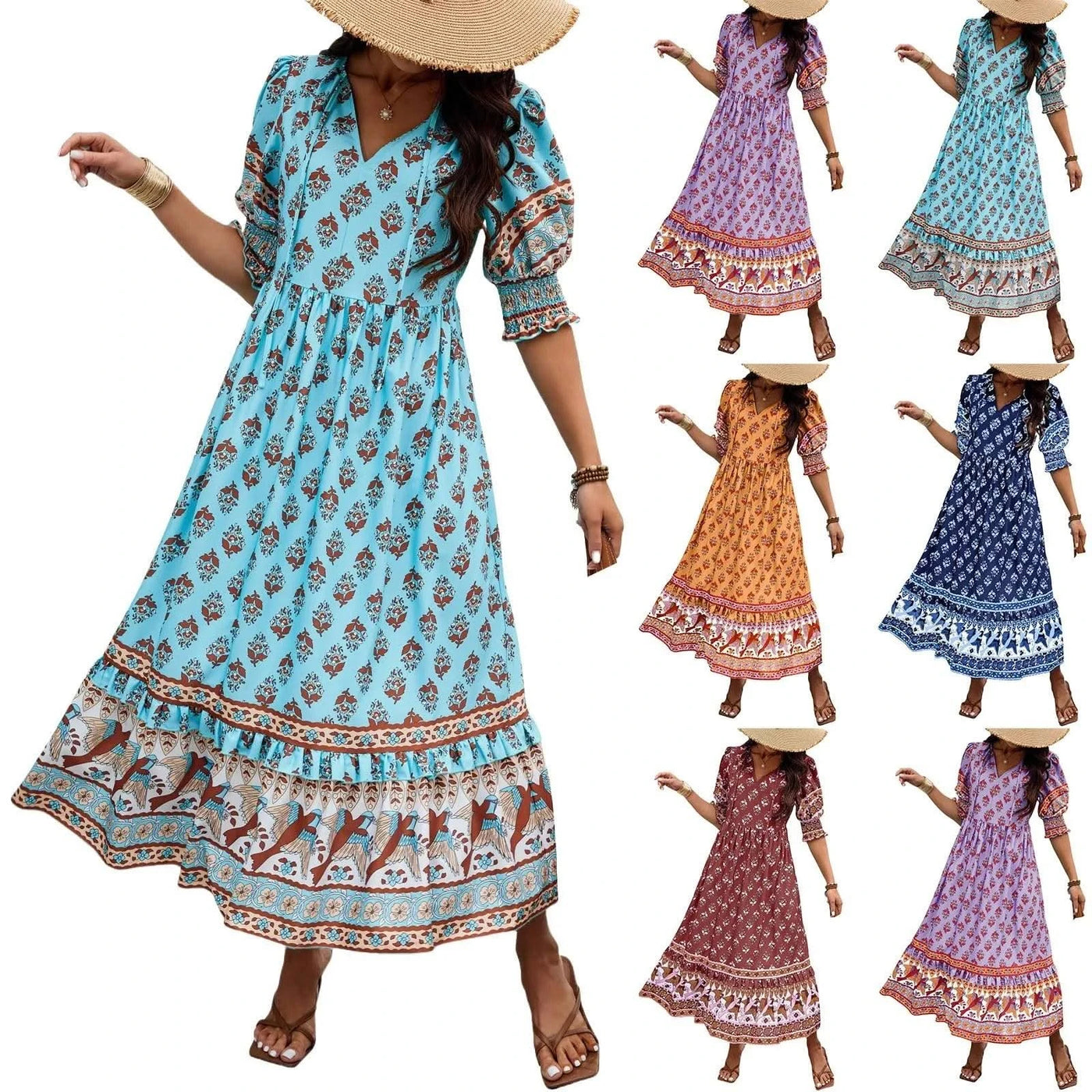dresses for women Fashion summer Casual long dresses Bohemian V-Neck Printed High Waisted Big Swing Dress vestidos cortos