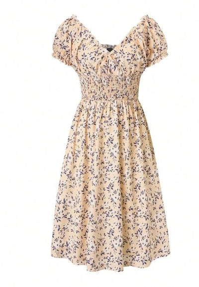 Summer Women Floral Print Dress V-neck Puff