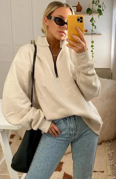 Women Sweatshirts Turn Down Collar Zipper Pullovers Long Sleeve Spliced Thick Warm Sweatshirt Outwear Autumn Winter 2024