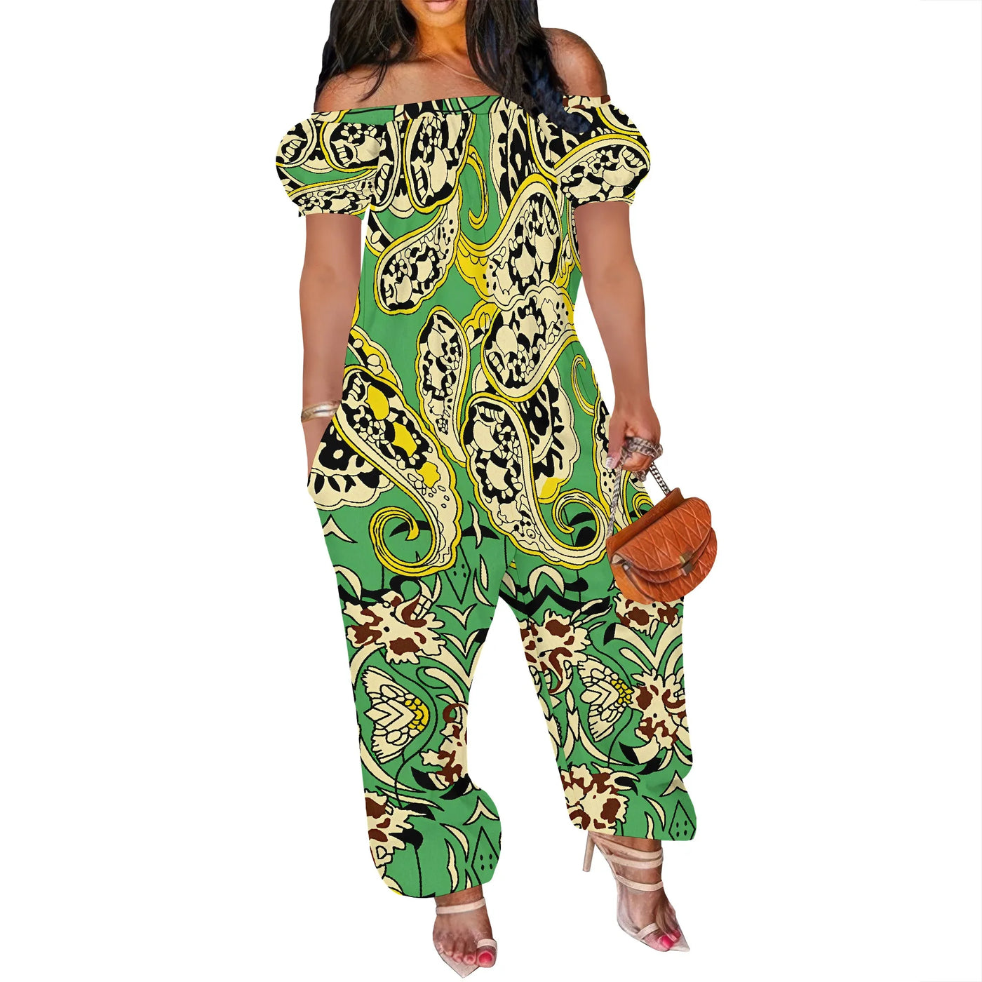 Women Sexy Off Shoulder Jumpsuit Short Sleeve  Floral Print  Romper Wide Leg Long Pants with Pockets Plus Size